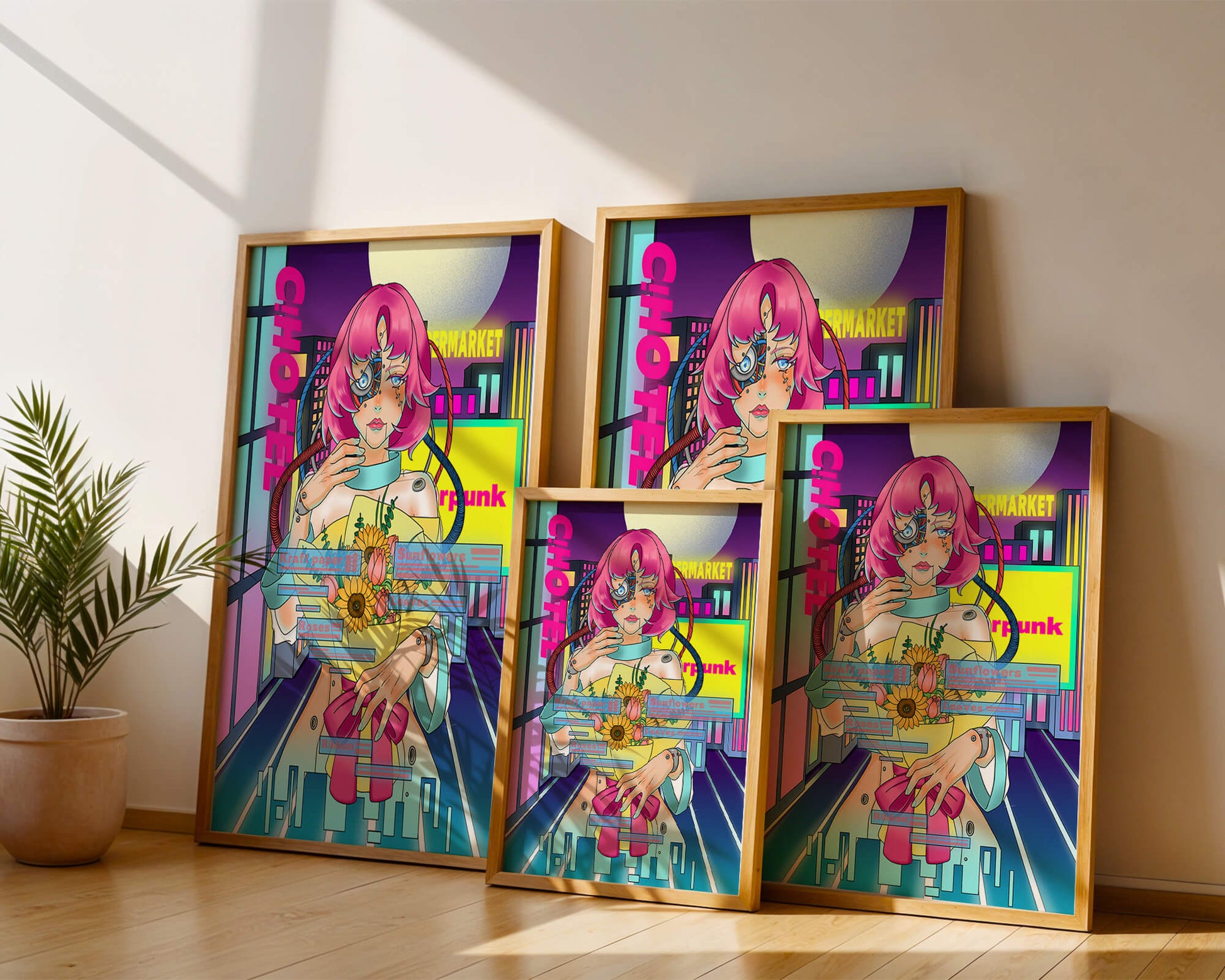 Futuristic cyberpunk woman with a bouquet of flowers in a neon cityscape