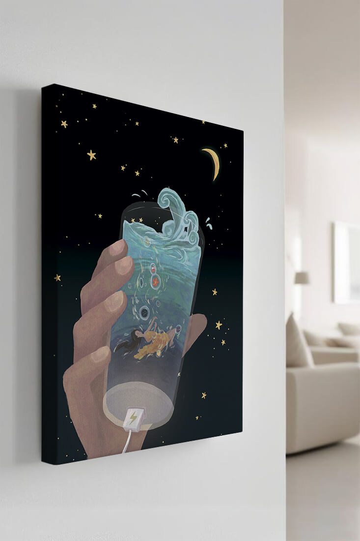 Abstract night sky scene with hand holding a glass of swirling water