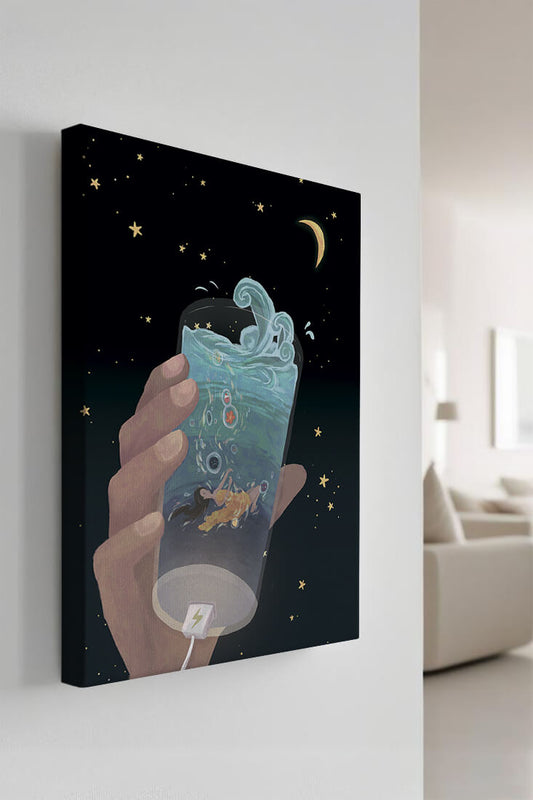 Abstract night sky scene with hand holding a glass of swirling water