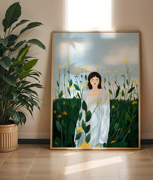 Femme en manteau blanc parmi les fleurs jaunes
