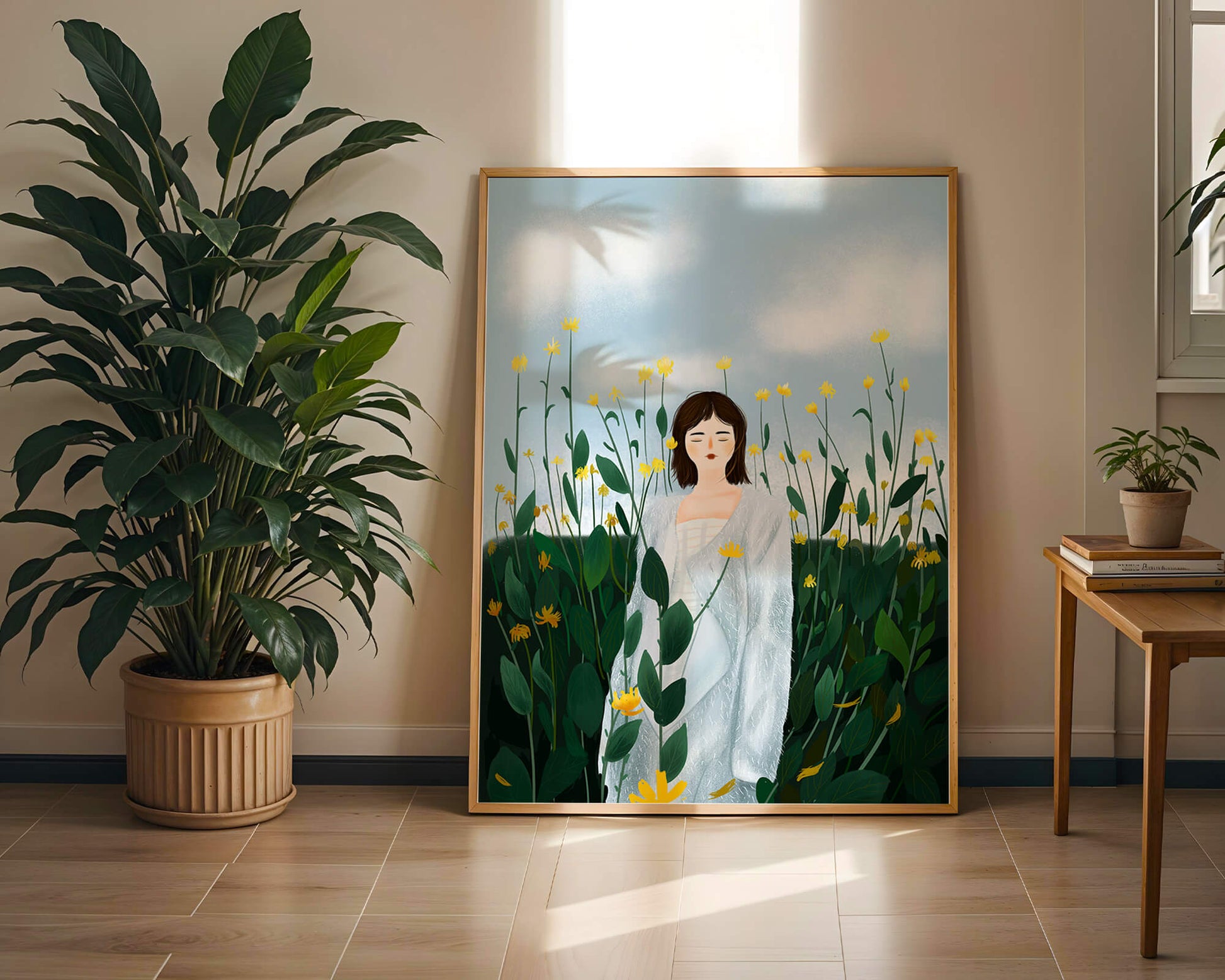 Mujer con abrigo blanco entre flores amarillas