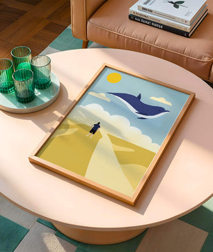 Surreal Landscape with Flying Blue Whale and Human on Desert Path