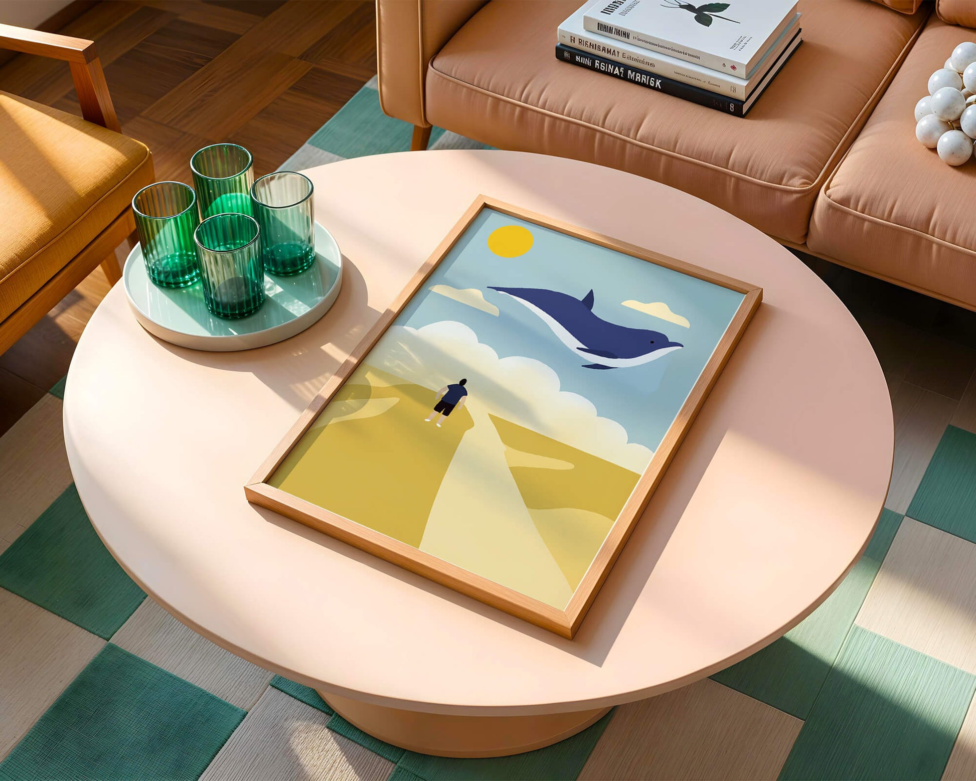 Paisaje surrealista con ballena azul voladora y humano en camino desértico