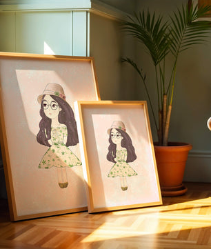 Ilustración encantadora de una niña con vestido y sombrero floral