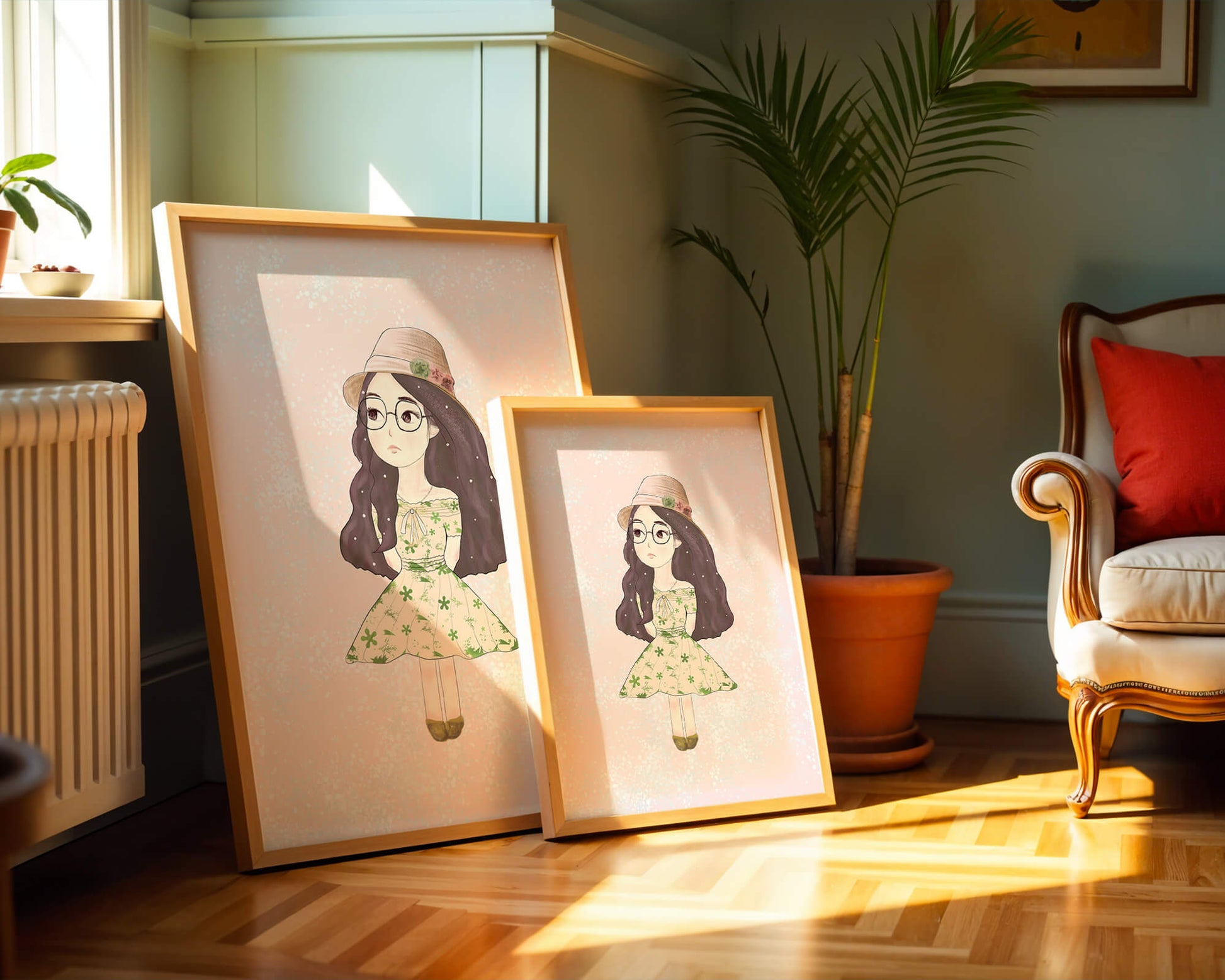Charming illustration of a girl in a floral dress and hat