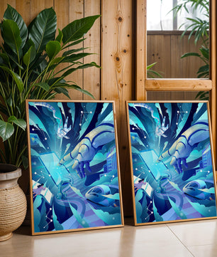 Futuristische digitale Kunst mit Astronaut und Roboterhand in lebhaften Blautönen