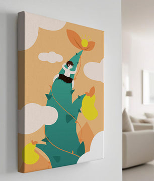 Man Climbing Giant Beanstalk Reaching to Sun in Minimalist Style - Mi tienda