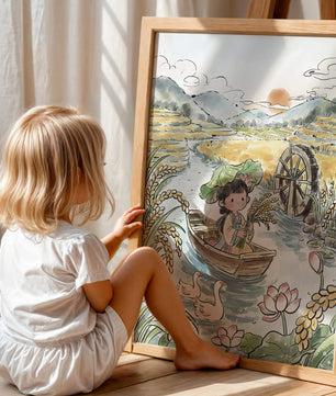 Niña en un bote con campos de arroz y atardecer de fondo