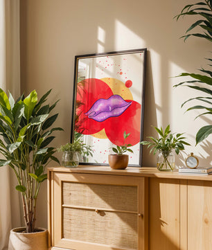 Vibrant Abstract Artwork Featuring Purple Lips on Watercolor Background