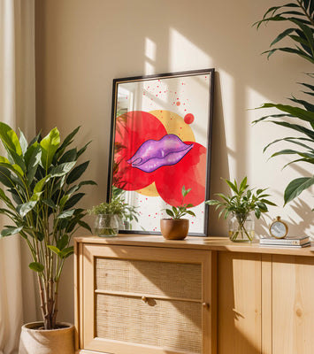 Vibrant Abstract Artwork Featuring Purple Lips on Watercolor Background