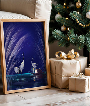 Serene night scene with graceful cranes and a magical boat ride