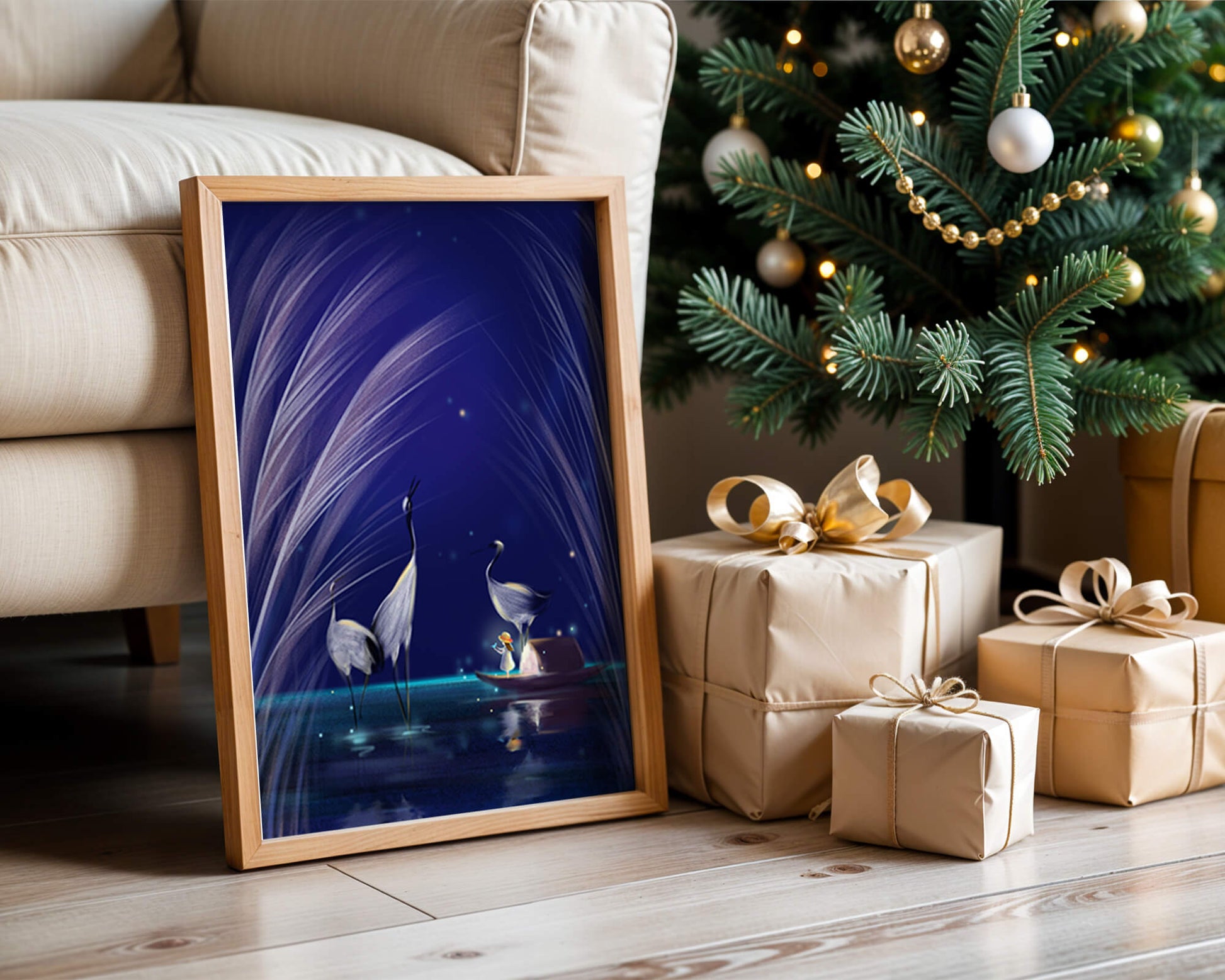 Serene night scene with graceful cranes and a magical boat ride