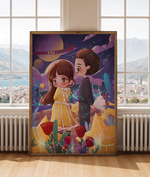 Ilustración de pareja romántica con estrellas y rosas en un entorno nocturno mágico