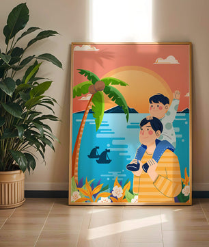 Un père et son fils profitent d’un coucher de soleil tropical avec des palmiers et des bateaux.
