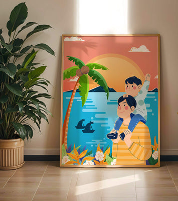 Father and son enjoying a tropical sunset with palm trees and boats