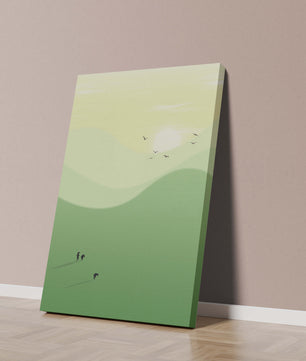 Paisaje minimalista con figuras silueteadas y aves al atardecer
