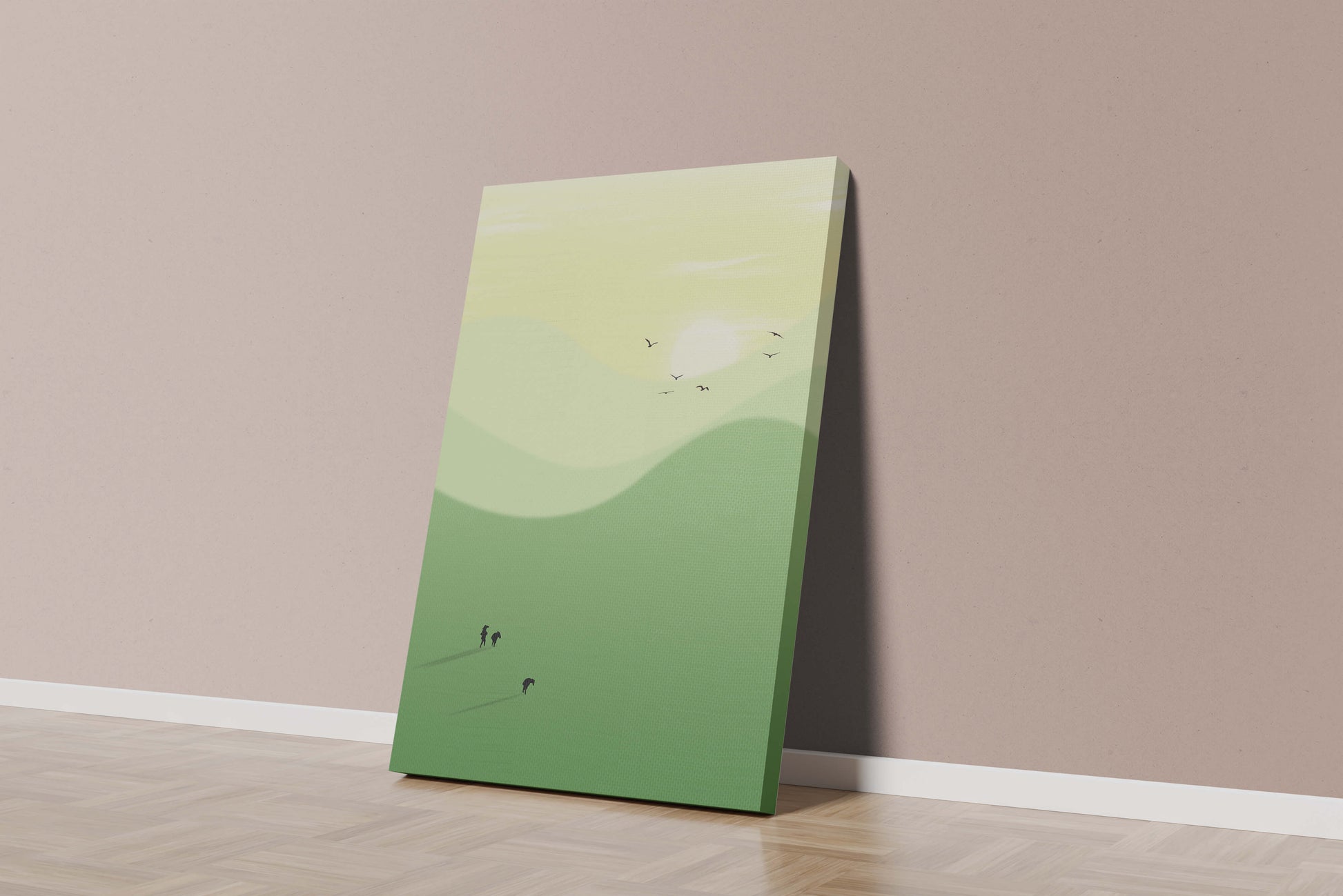 Paisaje minimalista con siluetas de personas y pájaros al atardecer