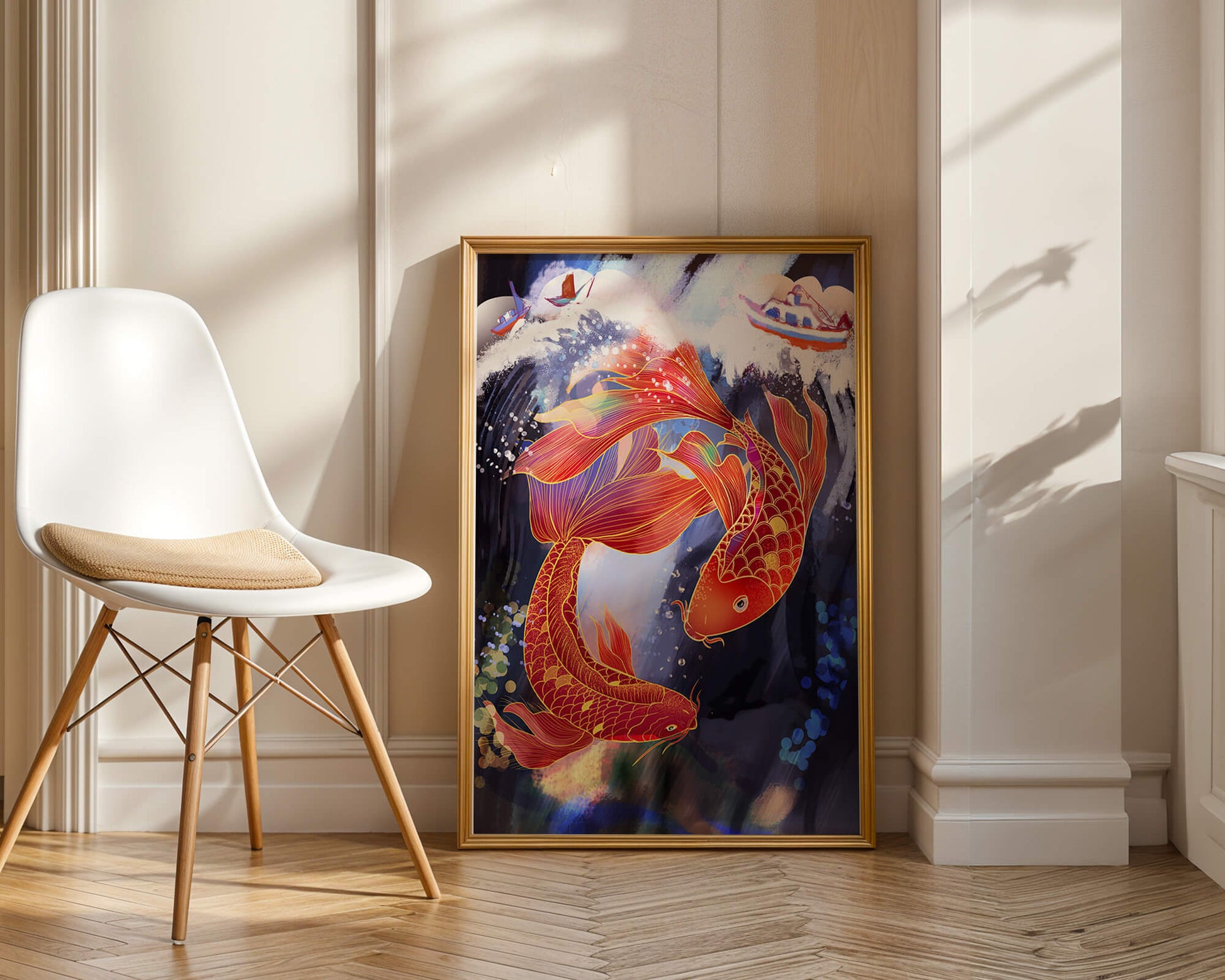 Representación artística de peces koi nadando con barcos en colores vibrantes.