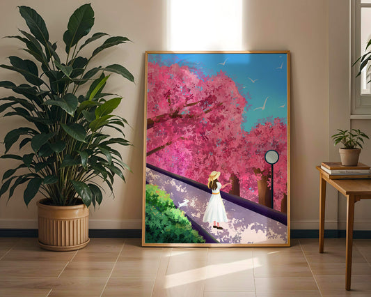 Springtime stroll under vibrant cherry blossoms