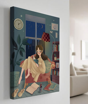 Cozy Nighttime Reading in a Living Room with Moonlit Window