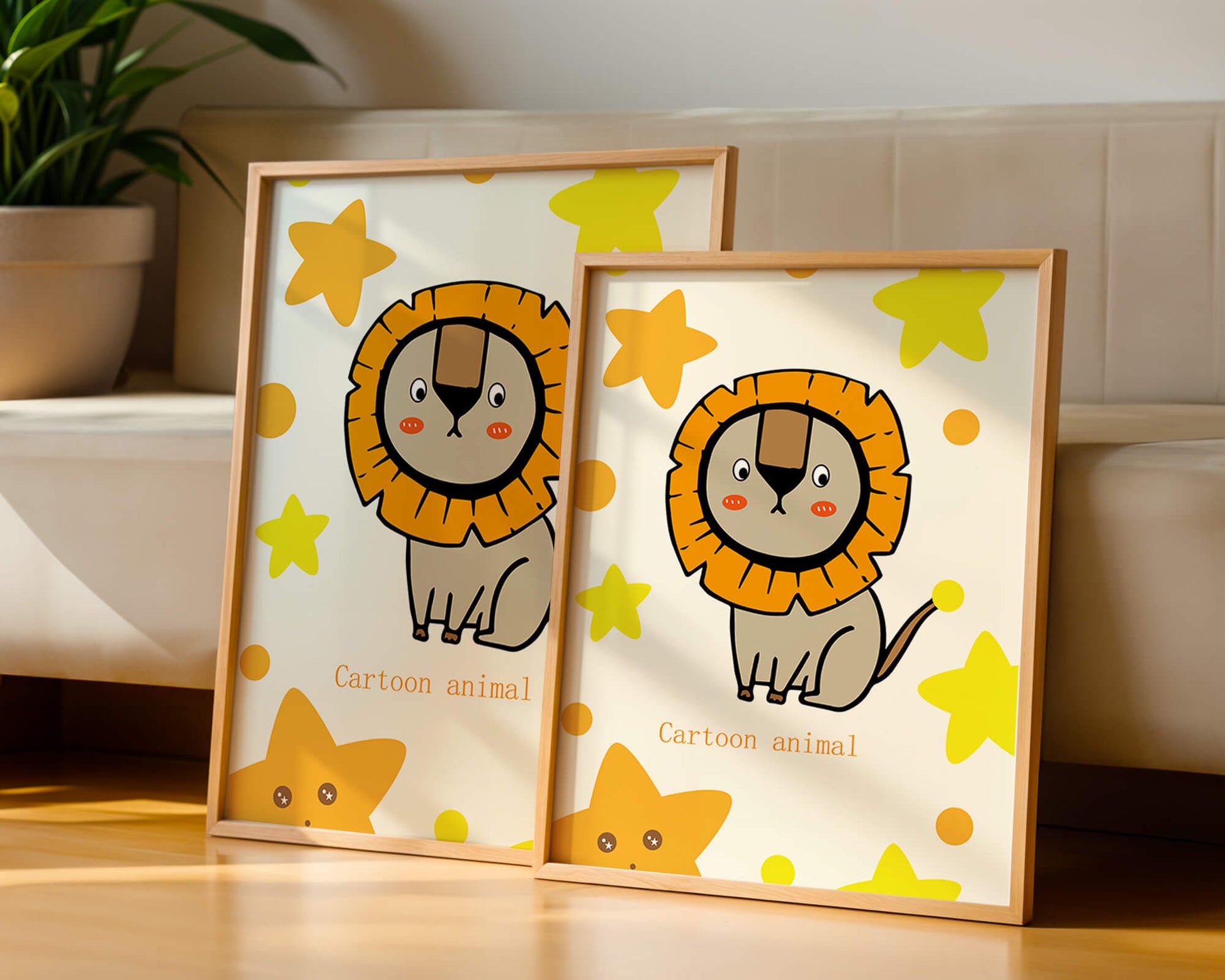 Cute cartoon lion illustration with stars for children's room