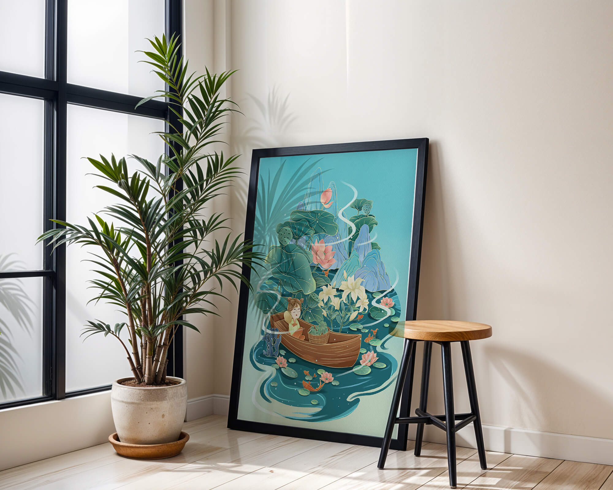 Serene landscape with lotus and boat in a tranquil water scene