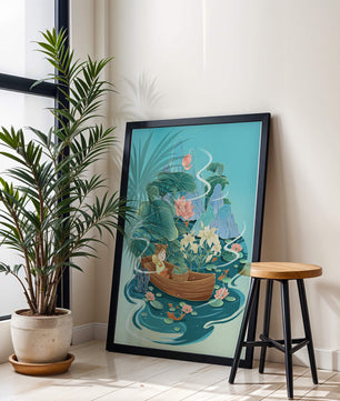Heitere Landschaft mit Lotus und Boot in einer ruhigen Wasserszene