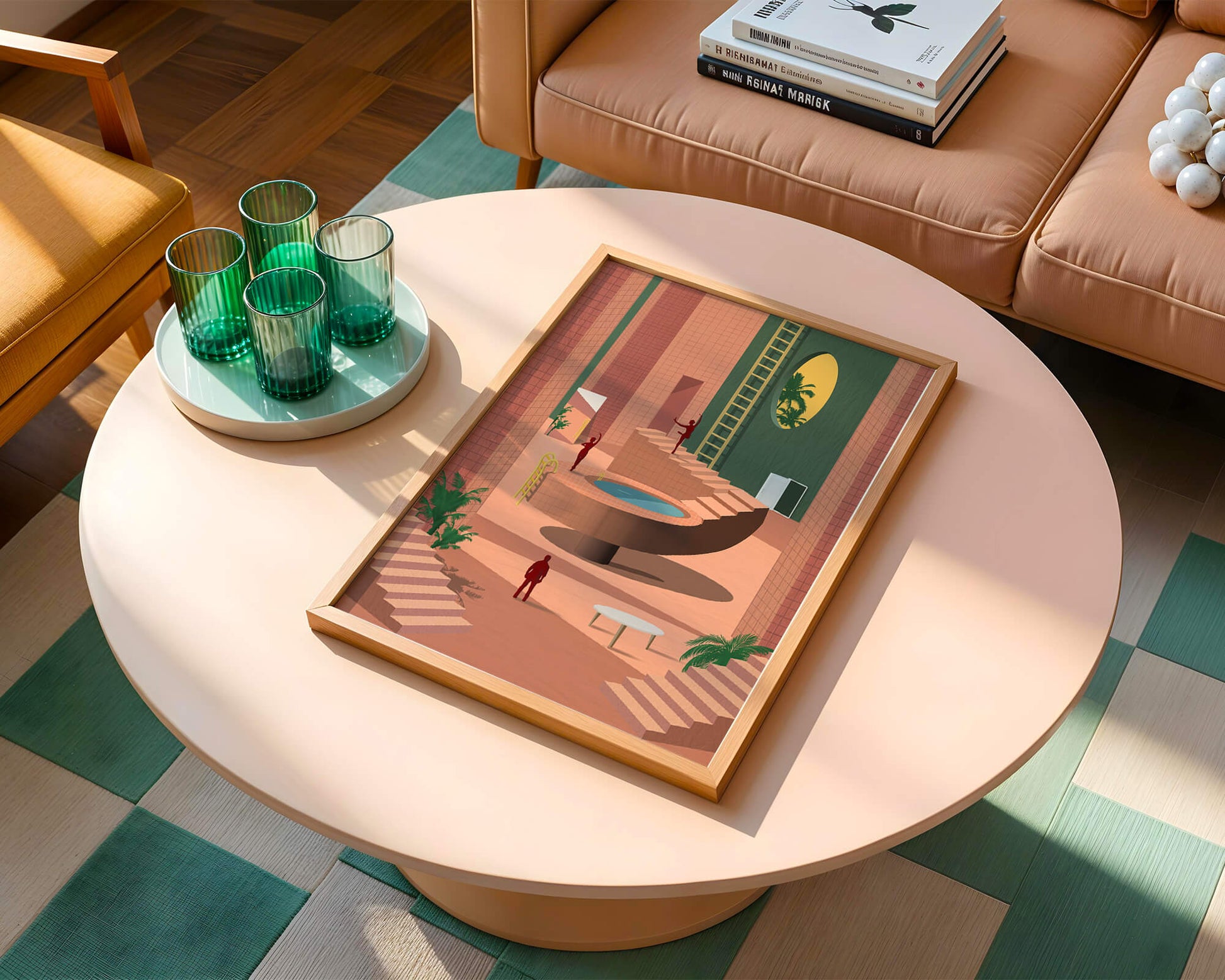 Modern architectural interior with geometric design and greenery