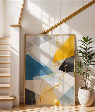 Abstract Geometric Art with Gold Accents in Blue, Yellow, and Gray - Mi tienda