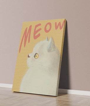 Profile View of a White Cat with Meow Text on Yellow Background