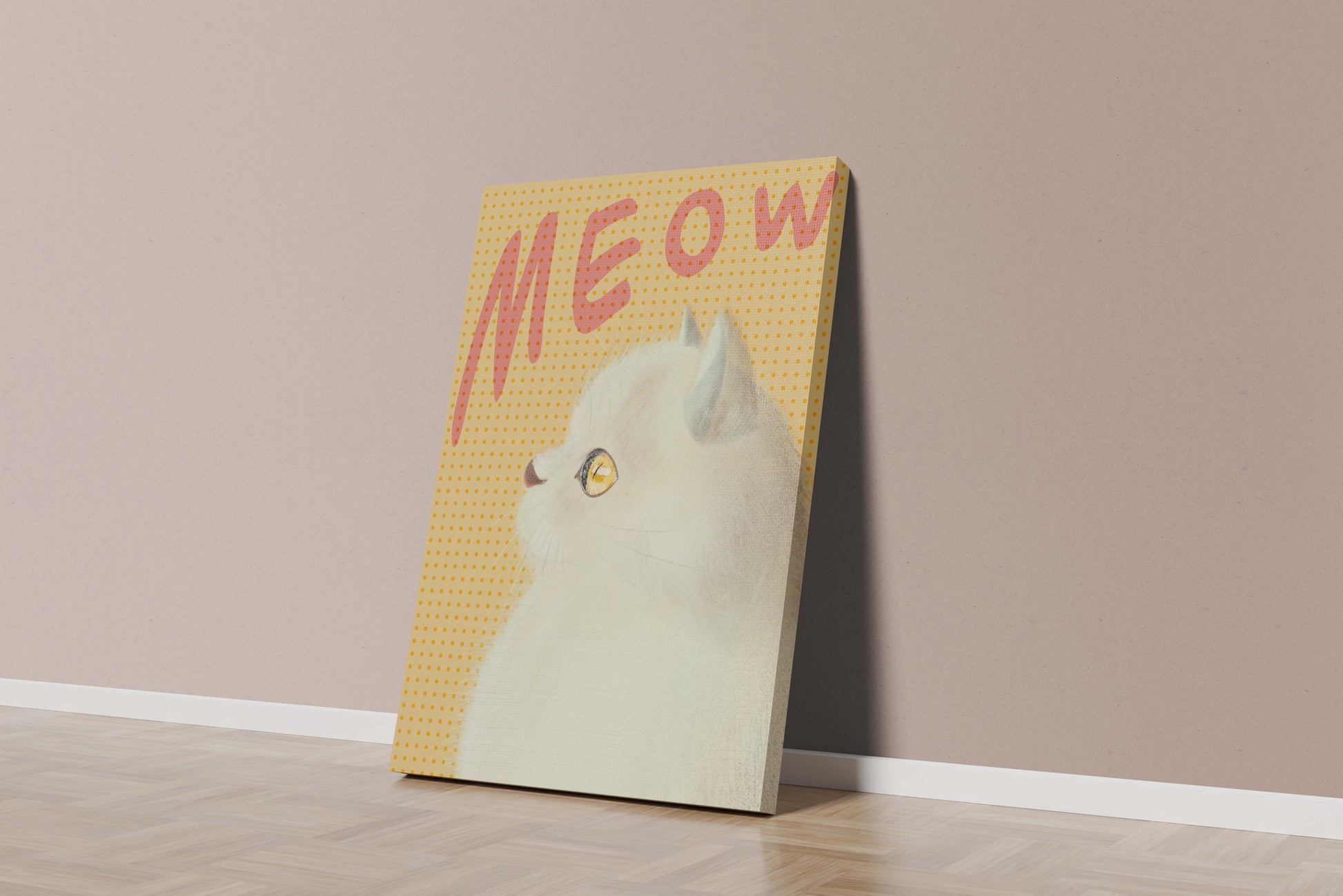 Profile View of a White Cat with Meow Text on Yellow Background