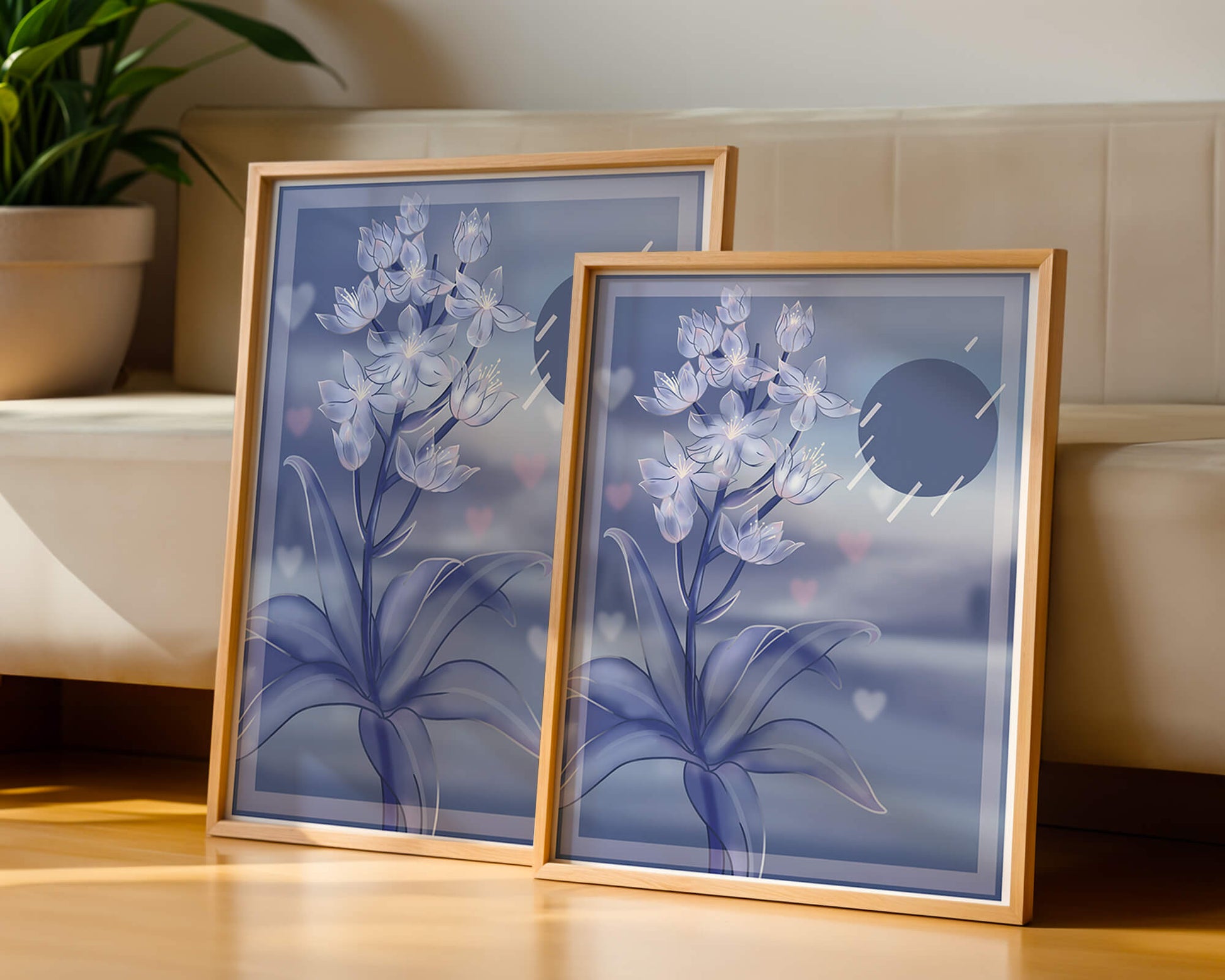 Delicate blue floral illustration with stylish geometric elements
