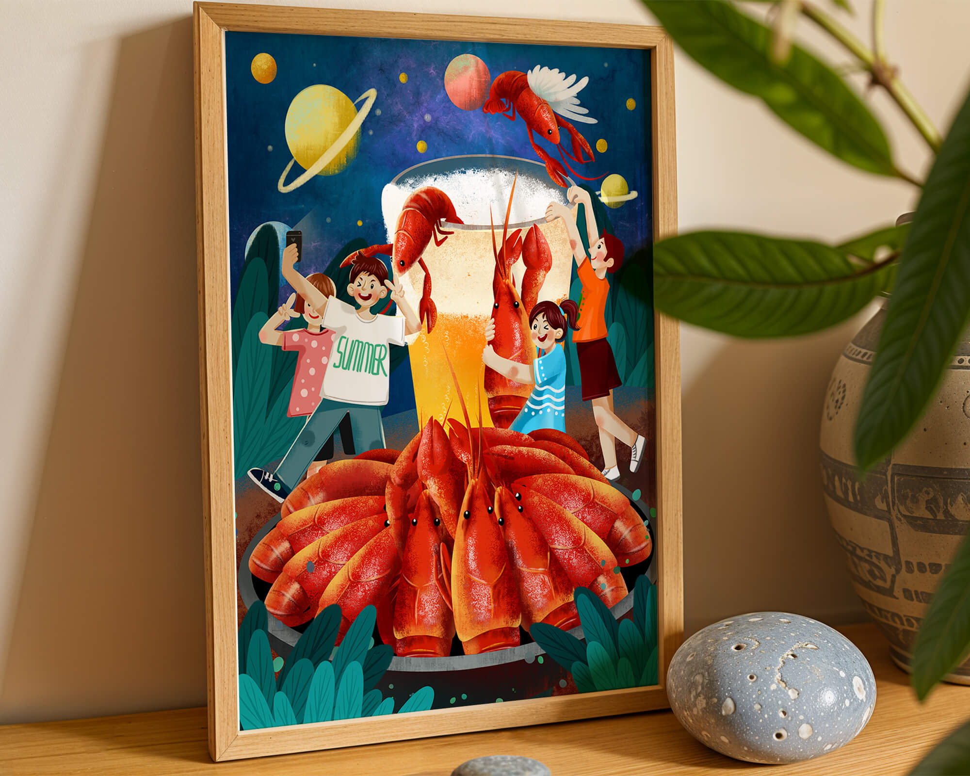 Fantasy illustration with cosmic lobsters and friends enjoying a summer feast