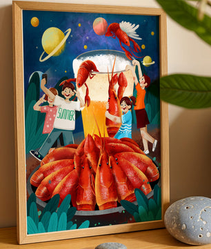 Ilustración de fantasía con langostas cósmicas y amigos disfrutando de un banquete de verano