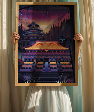 Neon Asian Temple at Sunset in Stylized Landscape