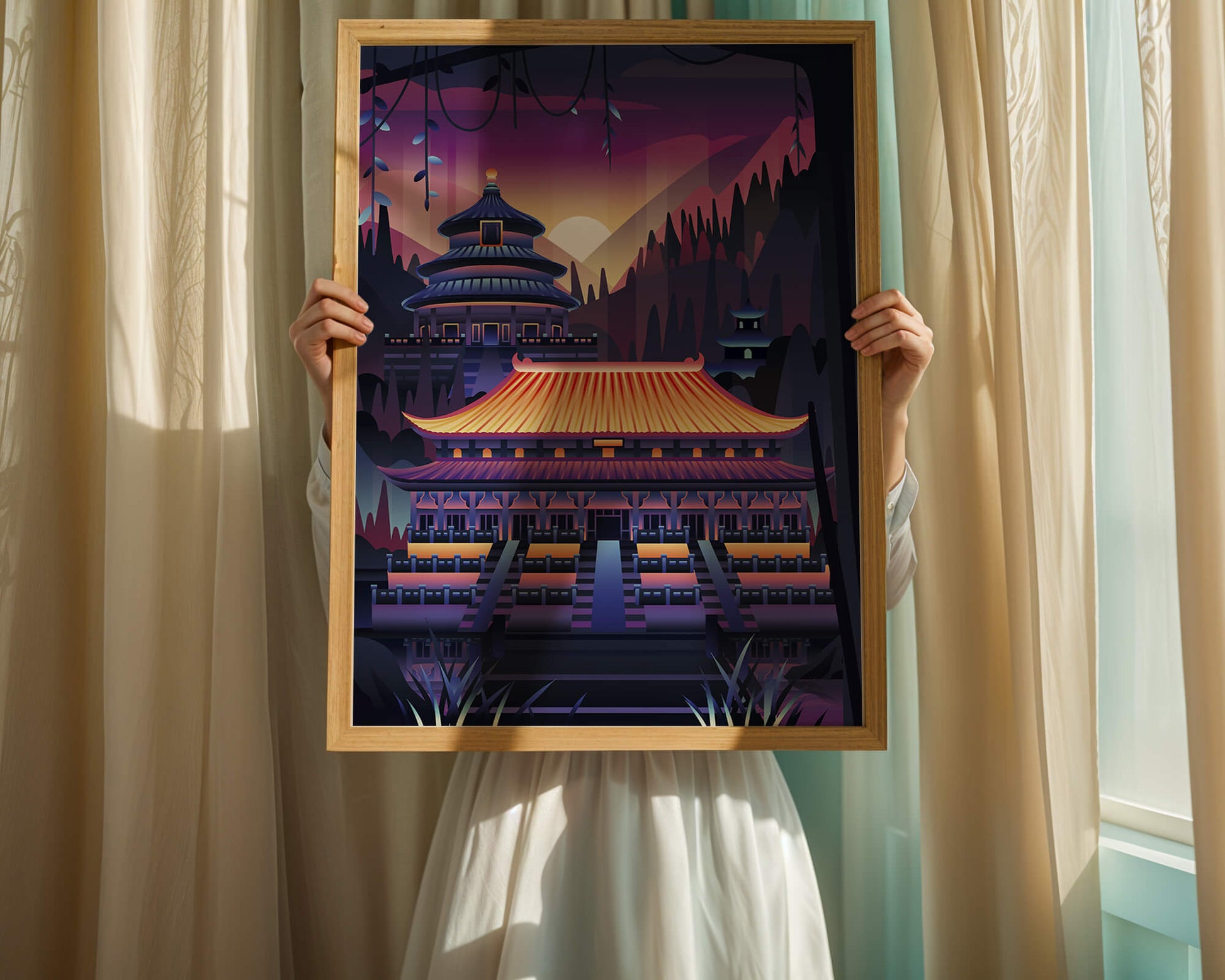Neon Asian Temple at Sunset in Stylized Landscape