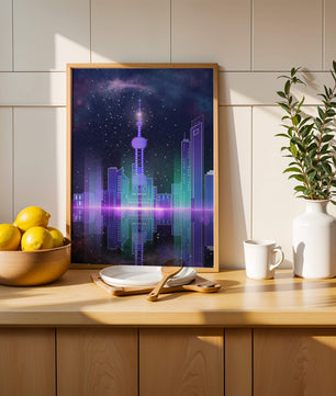 Futuristische Skyline mit leuchtenden Türmen unter sternenklarer Nacht