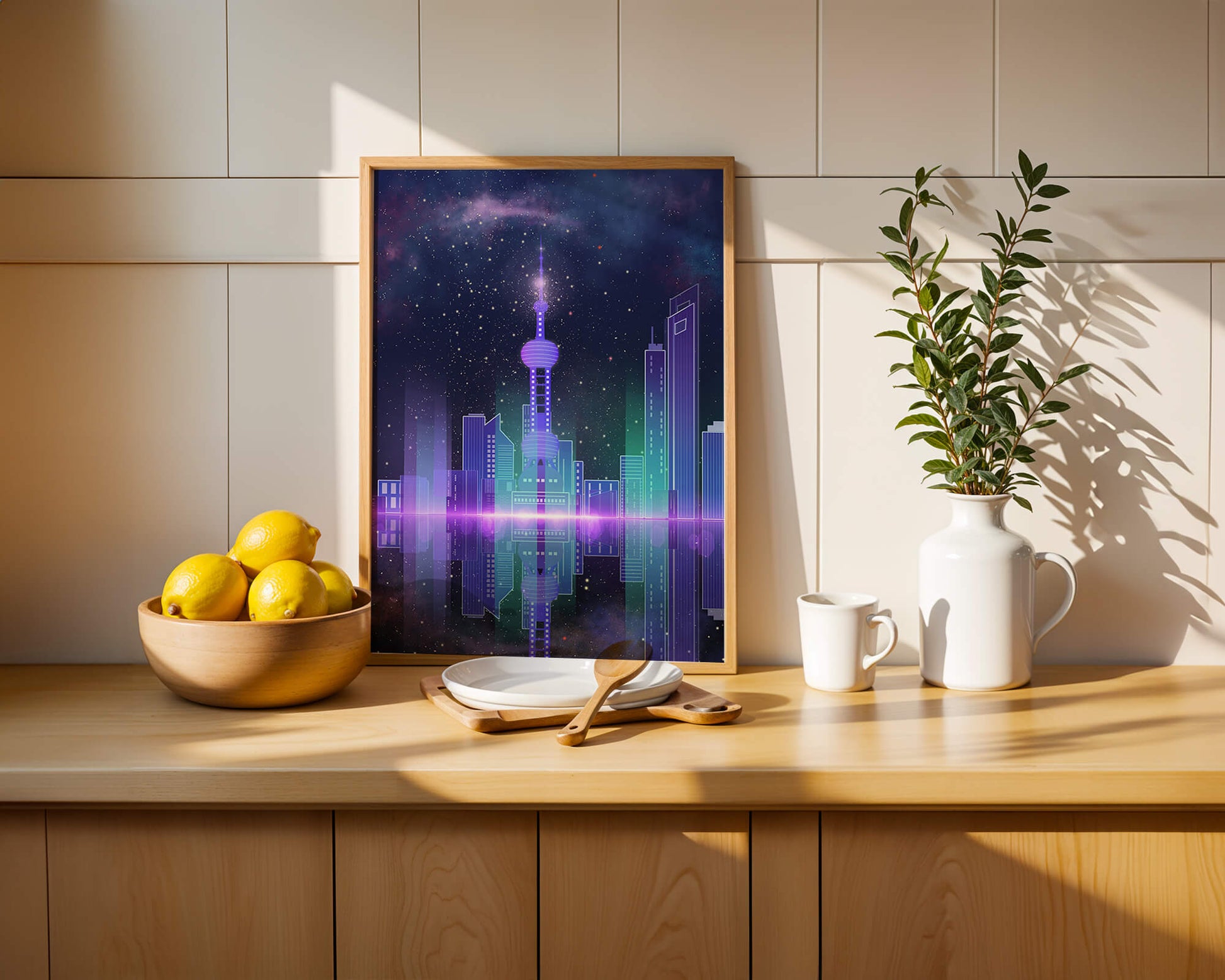 Futuristische Skyline mit leuchtenden Türmen unter sternenklarer Nacht