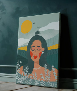 Portrait féminin abstrait et serein avec des éléments de nature