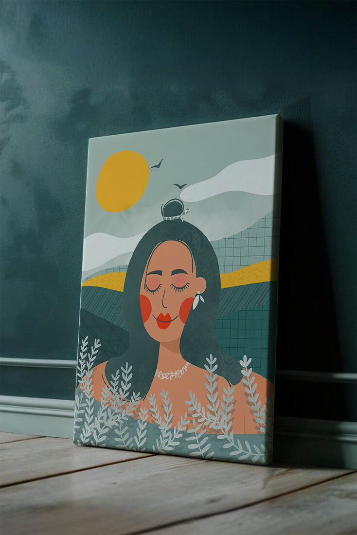 Portrait féminin abstrait et serein avec des éléments de nature