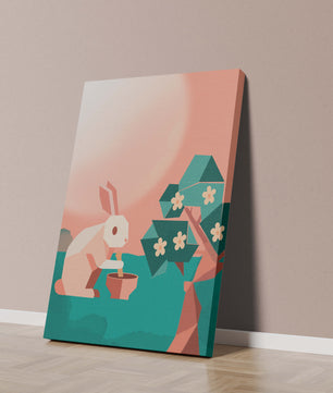 Conejo de origami abstracto con mortero y pistilo bajo un árbol en flor
