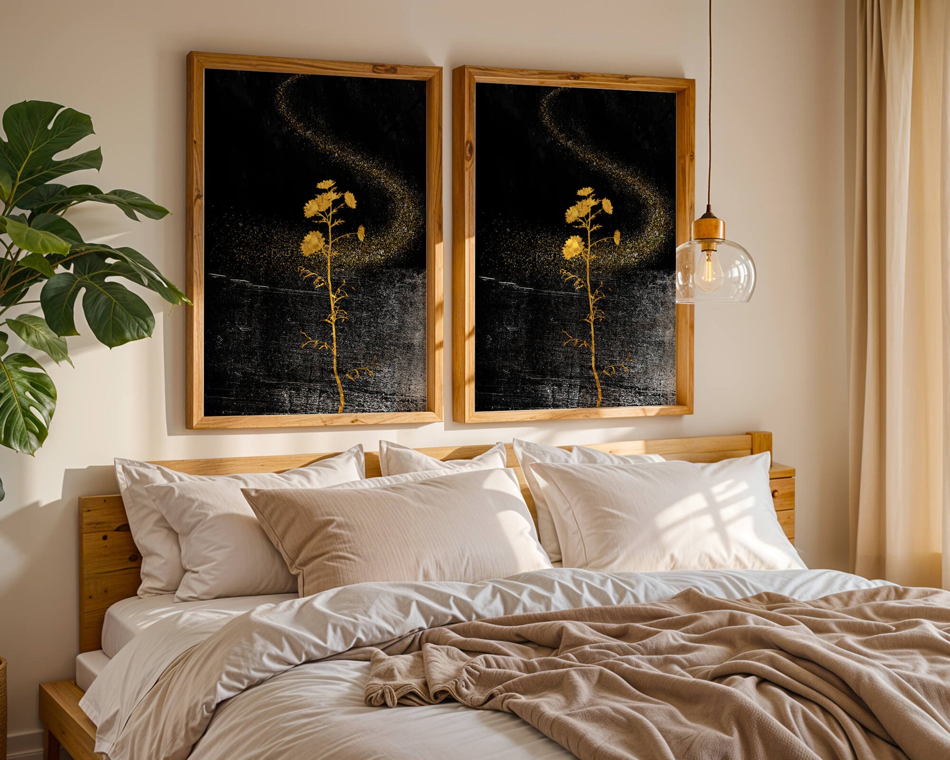 Golden Flowers on Black Background with Sparkling Dust