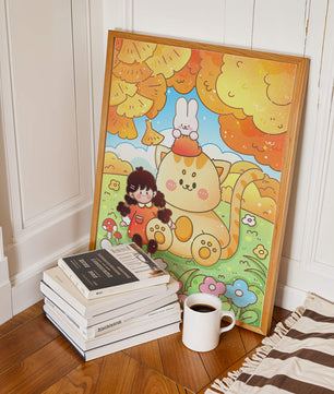 Ilustración caprichosa de una niña, un gato y un conejo en un paisaje otoñal