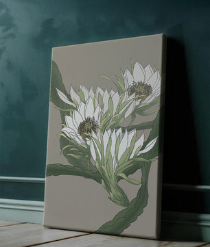 Beautiful botanical illustration of white blooming flowers with green leaves