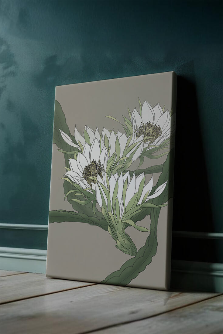 Beautiful botanical illustration of white blooming flowers with green leaves