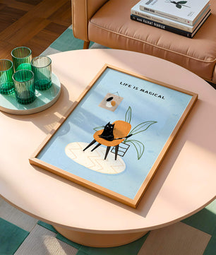 Charming Cat Relaxing on a Chair with Inspirational Quote and Art