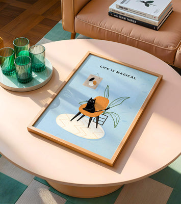 Charming Cat Relaxing on a Chair with Inspirational Quote and Art