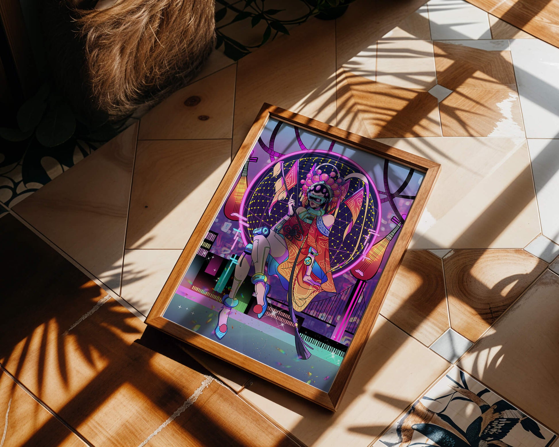 Futuristic geisha with neon lights and traditional elements