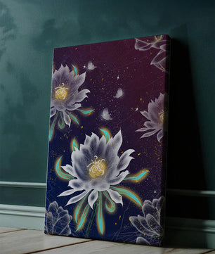Floral Fantasy with Glowing Elements and Butterflies in Night Sky