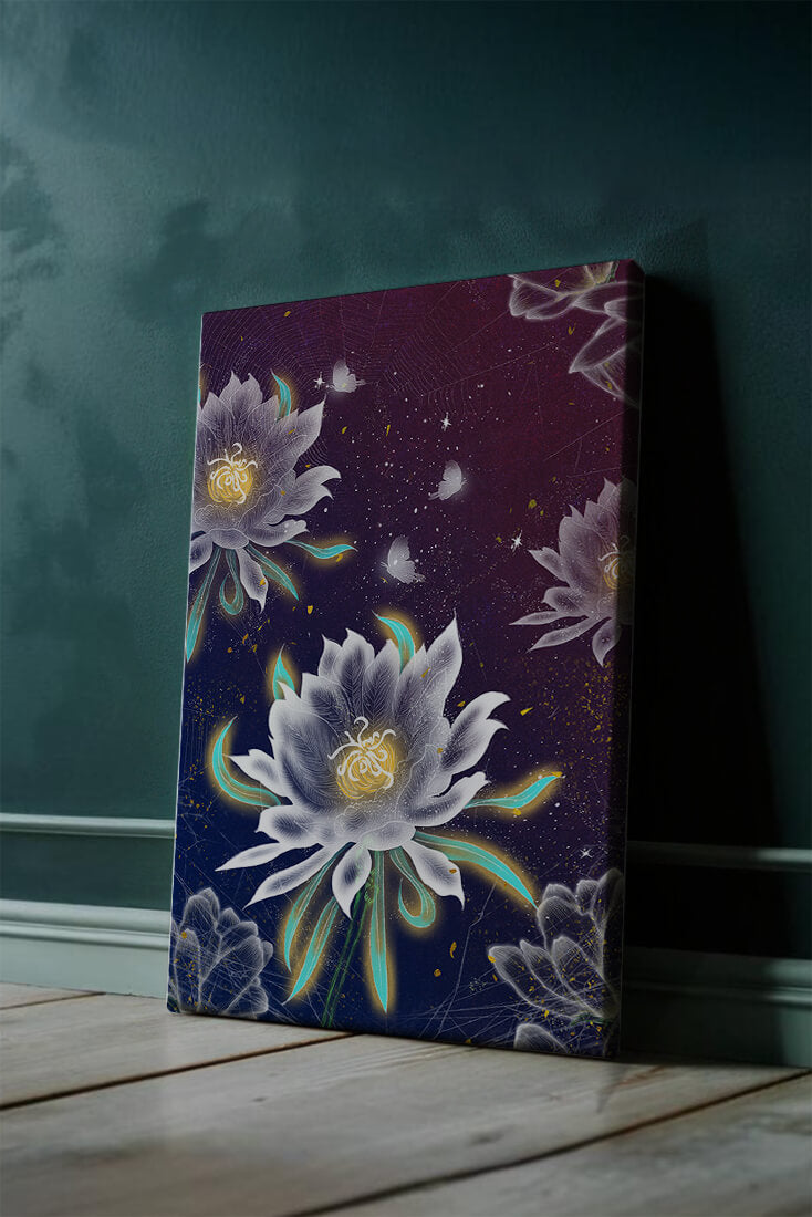 Floral Fantasy with Glowing Elements and Butterflies in Night Sky